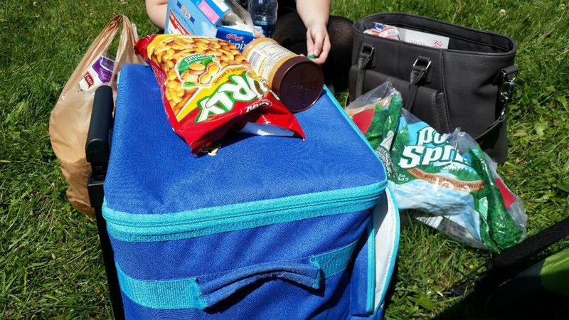 Bread, chips, peanut butter, Crispix, and like a single water: not the ideal feast.